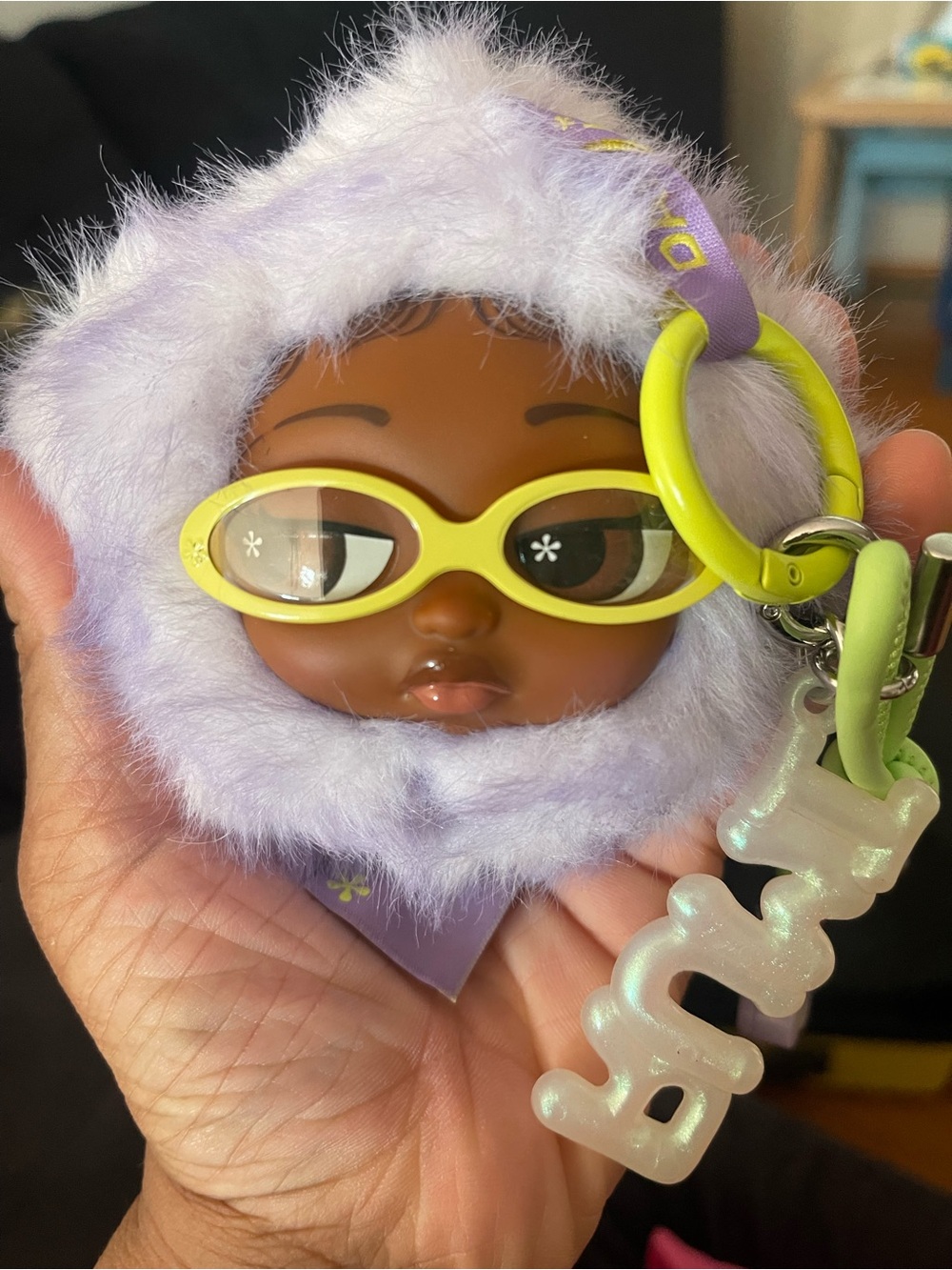 Handheld Plush Doll Keychain - Lavender Hood with Yellow Sunglasses